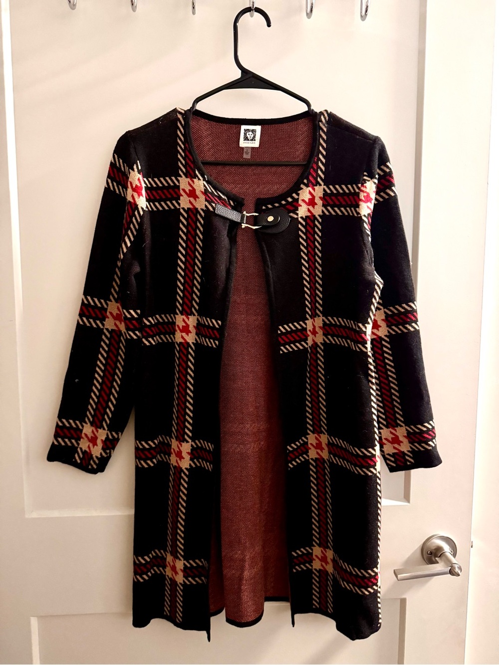 Anne Klein Black Plaid Cardigan with Red and Cream Accents